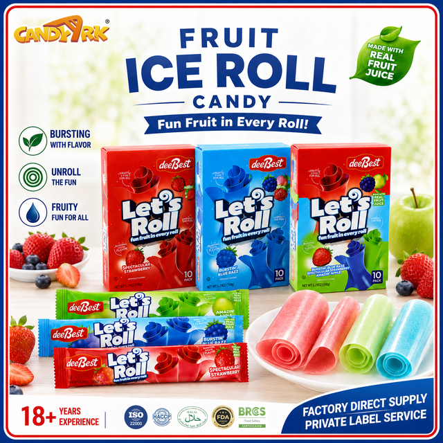 Fruit Ice Roll Ups Candy Fruity Flavored Rolled Candy Sweet Chewy Snack Dulce Wholesale Candy Manufacturer OEM Private Label