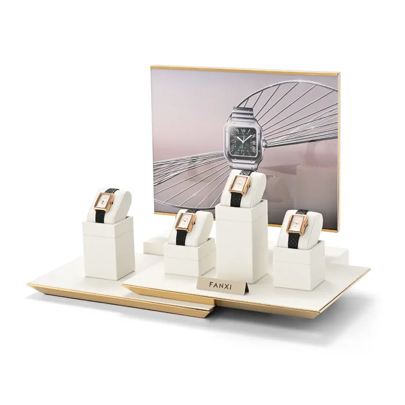 FANXI Microfibra Luxo Metal Frame relógio Titular Bege Jóias Assista Display Stand Rack Set