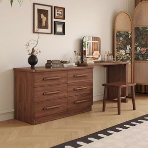 Modern Minimalist Black <b>Walnut</b> Wood Dressing Table With <b>Drawers</b> And Mirror Vanity For Bedroom Makeup Storage Cabinet Combined - Product Image 4
