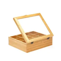 Boîte de rangement pour thé en bambou éco-responsable avec fenêtre de visualisation en acrylique transparent, 12 compartiments rectangulaires pour thé en vrac et thé en sachet