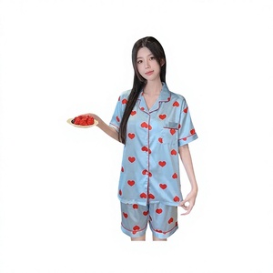 Ensemble de pyjama pour femmes avec imprimé cœur mignon, manches courtes, vêtements de nuit en soie d'été, vêtements décontractés pour la maison, pyjama deux pièces - Product Image 1