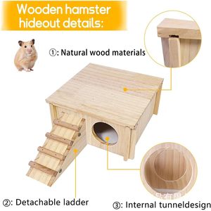 Casa para hámster con escalera y túnel, 20,1x20,1x9,4 cm, madera maciza para mascotas pequeñas, uso en interiores y exteriores - Product Image 2