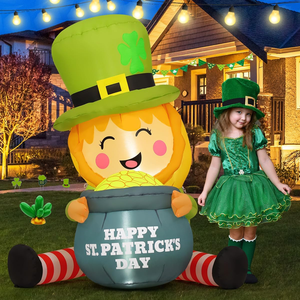 Leprechaun gonflable géant de 5 pieds pour la Saint-<span class=keywords><strong>Patrick</strong></span> avec pot de pièces d'or et lumières LED intégrées, en polyester 190T, décoration extérieure - Product Image 1