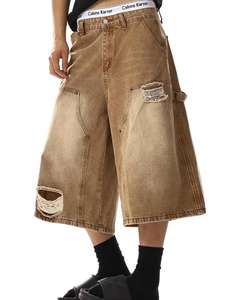 Pantalones Cortos de Verano para <span class=keywords><strong>Hombre</strong></span>, Estilo Hip Hop Vintage, Desgastados, Rotos, Transpirables, Ligeros, de Cintura Media, de Algodón, de Pierna Ancha - Product Image 3