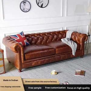 أريكة غرفة معيشة من الخشب المصمت بسحَّاب من الخشب المصمت بطبقة من جلد البقر بطبقة فنية على الطراز الأوروبي طراز كلاسيكي - Product Image 3