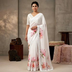 Elegante Saree de Seda y Rayón con Estampado Floral Blanco, Blusa Bordada, Ropa de Boda para Mujer, Estilo India, Pakistán, Bollywood, Sun - Product Image 1