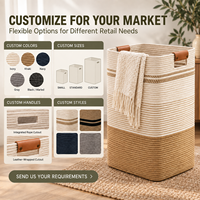 Panier à linge sur mesure de grande taille 56*33*43, paniers de rangement en corde de coton tressée pour vêtements avec poignées