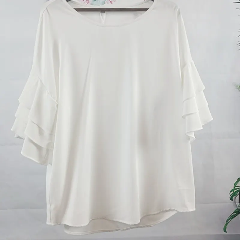 Camicia di moda donna all'ingrosso a maniche corte in raso Top femminile Oversize Top Office elegante camicetta bianca in Chiffon