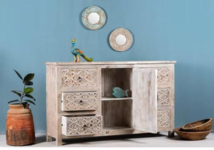 Artisan Crafted Wooden <b>Sideboard</b> With Elegant Carved Doors And Spacious Shelving For Dining Room Organization - Product Image 3