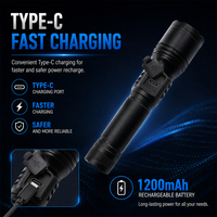 Lampe torche LED zoomable laser blanche 10W 500LM rechargeable USB Type-C en alliage d'aluminium 18650, 5 modes, flash SOS, IP44