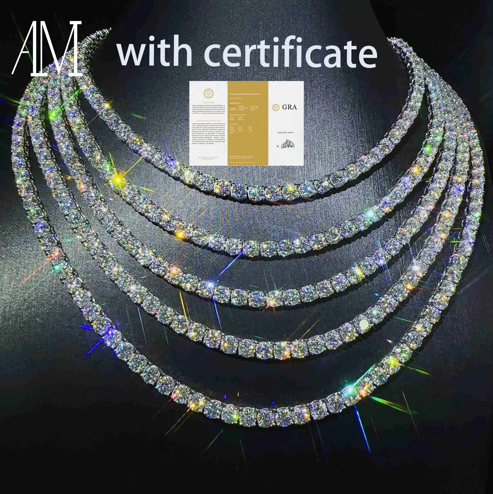 En stock avec certificat Bijoux glacés en argent 925 3mm 4mm 5mm VVS Diamond Moissanite Tennis Chain Necklace Bracelet