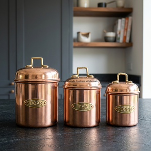 Conteneur de stockage alimentaire écologique en cuivre et laiton traditionnel avec couvercle et poignée en laiton pour le thé, le sucre, le café, la farine - Product Image 3