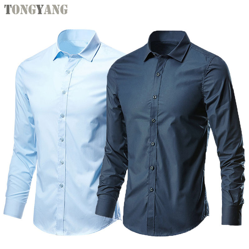 TONGYANG kustom kemeja Formal pria, baju lengan panjang kerah berdiri, kasual katun, baju kantor untuk pria