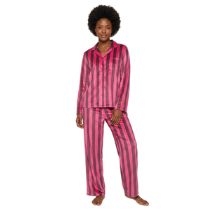 Ensemble de pyjama rayé en satin pour femmes, manches longues, col rabattu, fermeture boutonnée, vêtements d'automne - Product Image 1
