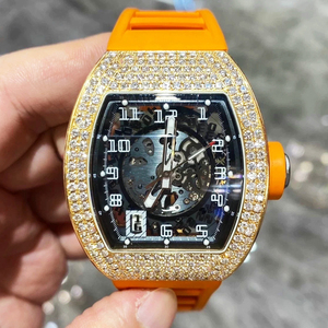 Reloj Automático Esqueleto de Alta Calidad con Incrustaciones de Diamantes en Oro Rosa y Correa de Goma Naranja - Product Image 1