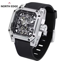 NORTH EDGE Montre mécanique de luxe pour homme, cadran carré, montre de sport, bracelet en silicone, étanche 100M, montre-bracelet squelette