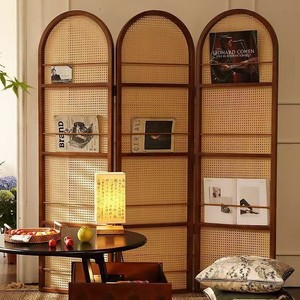 Retro Style Movable Rattan Folding <b>Screen</b> Wood Frame Living Room <b>Bedroom</b> Entryway Partition Bookshelf Display Storage Divider - Product Image 2