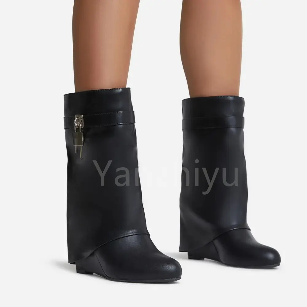 Women Luxury Leather Mid Calf Boots Ladies Shoe Black Fold Wedge Boot Lock Shark Boots Big Size Mujer Chaussures Botas Mujer