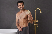 Robinet de baignoire autoportant en laiton poli européen, douche pluie en céramique 2 fonctions, ensemble de salle de bain à poser au sol pour usage hôtelier