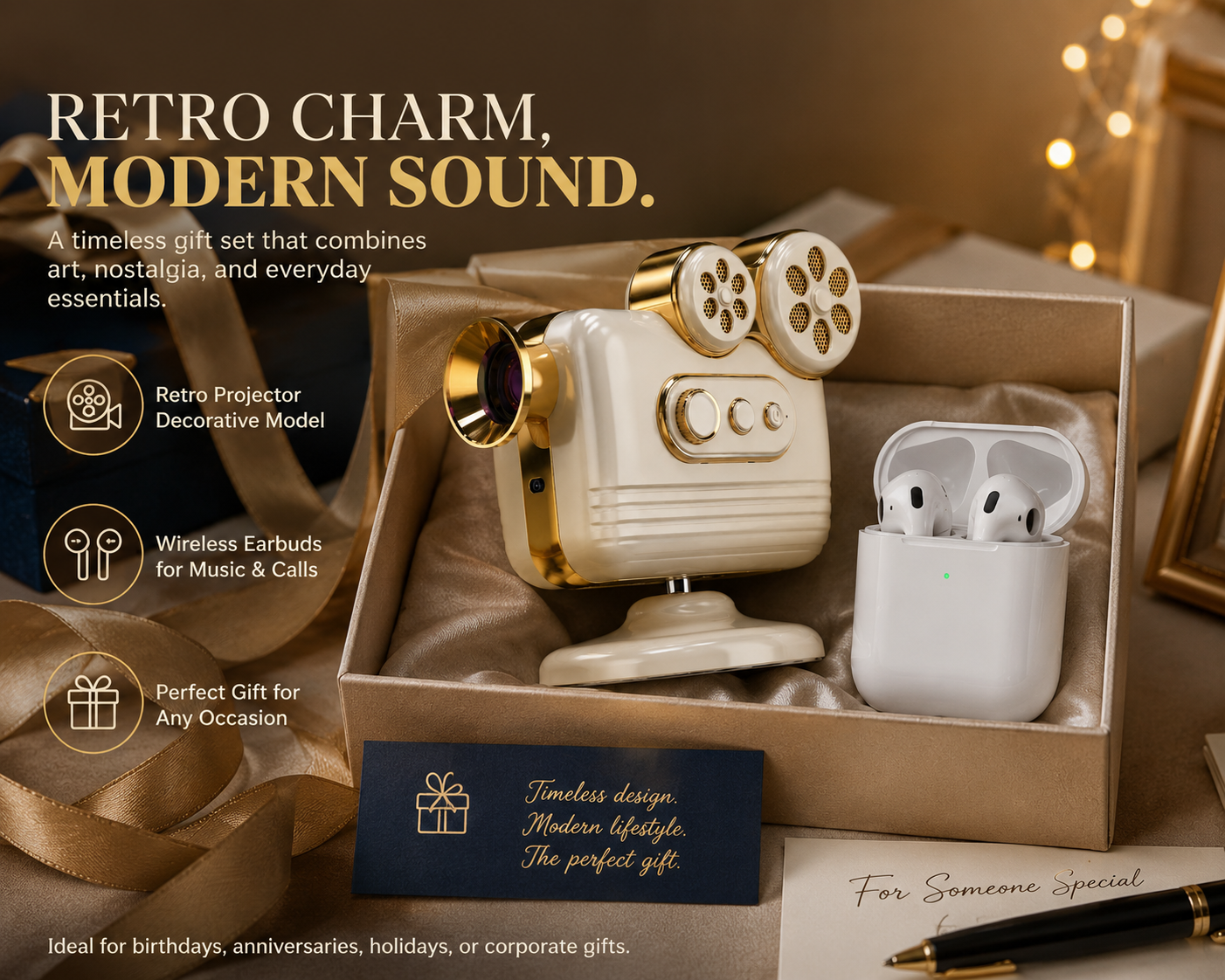 Retro Projector Decorative Model &amp; Wireless Headphones Gift Set | Premium Corporate Gift | Executive Business Giveaway | Promotional Event &amp; Employee Appreciation Gift