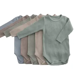 Buatan tangan anak bayi Onesies katun Unisex Ribbed lengan panjang satu potong baju monyet warna Solid Jumpsuit pakaian pakaian