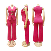 Ensemble deux pièces élégant pour femme TW889 : Gilet uni à épingle dorée et pantalon large taille haute – Tenue de bureau professionnelle pour femme