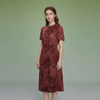 Robe de luxe haut de gamme pour femme en soie Gambiered Canton 100% soie de mûrier, col mandarin, coupe ajustée, ligne A, manches courtes, longueur midi