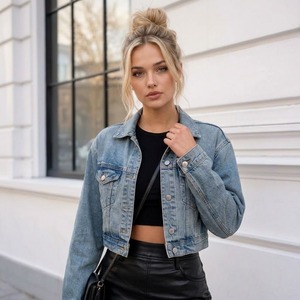 Giacca di Jeans Corta Blu Vintage Personalizzata per Donna, Manica Lunga, Colletto Rovesciato, Stile Casual Streetwear - Product Image 1