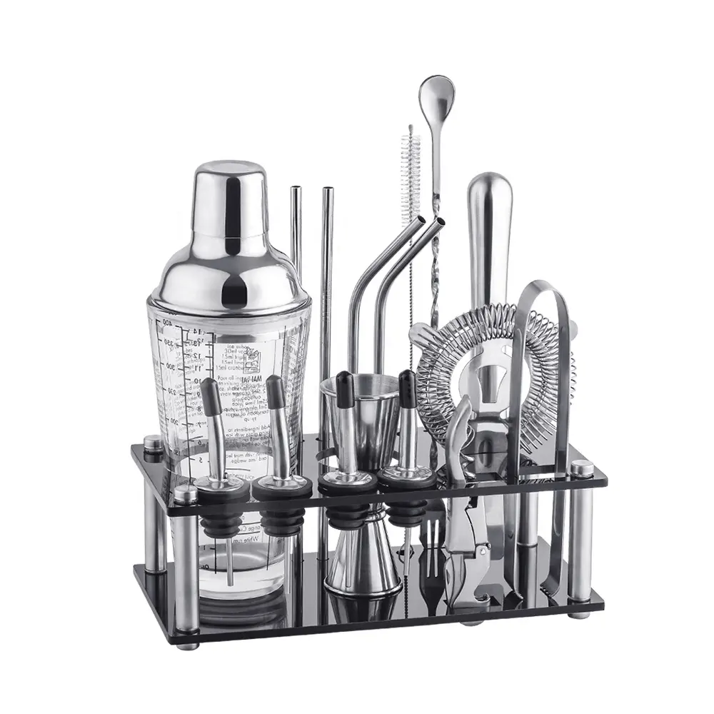 Sáng Tạo Nhà Máy Trực Tiếp Glass Kit Bartender Barware Thép Không Gỉ Cocktail Shaker Set Bar Công Cụ Với Acrylic Khung Đứng