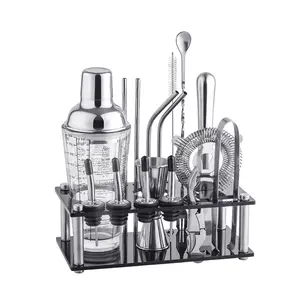 Création d'usine Direct Kit de verre Barman Barware Set de shaker à cocktail en acier inoxydable Outils de bar avec support à cadre en acrylique