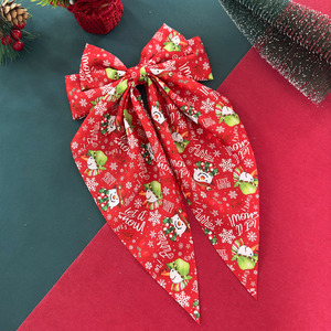 Christmas Print Fabric Big <b>Bow</b> Hair <b>Clip</b> Long Ribbon Tail Barrette Holiday Women Hair Accessory - Product Image 6