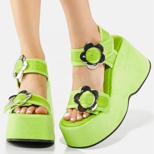 Green Flat Sandals for Women High Wedge Heels Ladies Flower Buckles Thick Platform Summer <b>Shoes</b> Beach Causal Pumps - Product Image 1