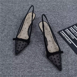 Sandals New Baotou Summer Polka Dot Mesh Fine <b>Pointed</b> High Heels Shallow Mouth Fairy Wind Single Shoes Women - Product Image 6