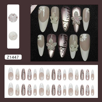 Nouvelles Faux Ongles Réutilisables à Presser pour Manucure, Forme Amande Brillante, Dégradé Bleu-Gris, avec Breloques Métalliques 3D Nœud, Étoile et Lune