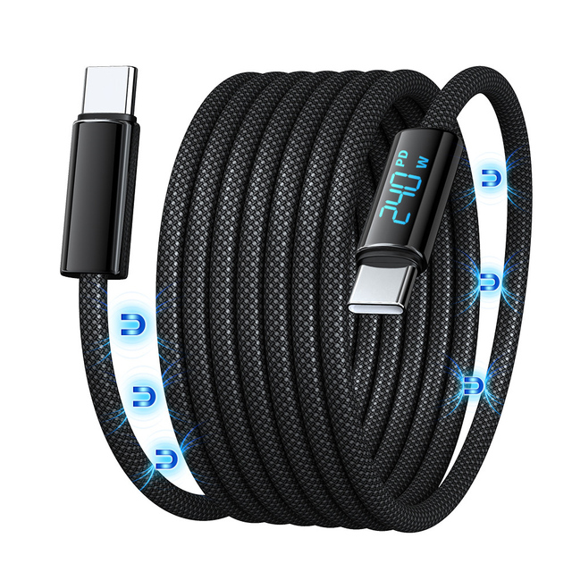 Baided Self Winding Retractable Magnet Cable Digital Display Phone Charger Wire USB C to C 240W Magnetic Fast Charging Cable