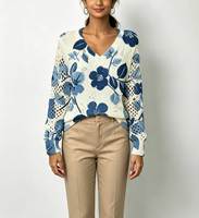 Pulls décontractés à col en V et manches longues pour femmes, imprimé floral, ajourés, en maille, style vintage