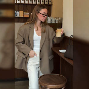 <span class=keywords><strong>Blazer</strong></span> Wanita Model Single Breasted Gaya Kantor Musim Gugur, Setelan Twill <span class=keywords><strong>Oversize</strong></span> Kasual Warna Polos - Product Image 5