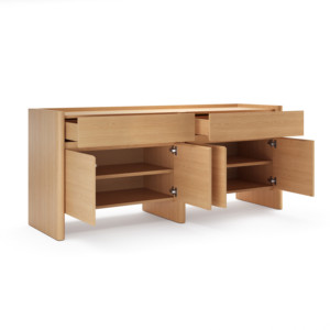 Buffet moderne Japandi en chêne <span class=keywords><strong>naturel</strong></span> avec <span class=keywords><strong>panneaux</strong></span> latéraux arrondis, armoire minimaliste à 4 portes, meuble de salle à manger, armoire de cuisine, table - Product Image 4