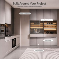 Système d'armoires de cuisine en mélamine sur mesure en forme de L avec unités de rangement hautes et vitrines en verre, idéal pour les projets résidentiels