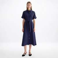 Robe chemise de bureau pour femme, rayée marine, manches courtes, boutonnée devant, taille nouée, longueur midi, avec poches