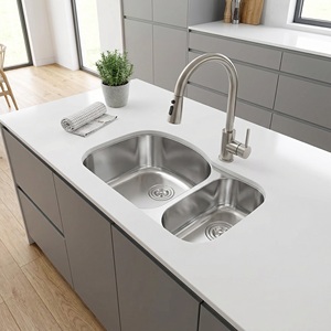 Fregadero Doble de Cocina <span class=keywords><strong>Hugo</strong></span> Wholesale, Diseño Contemporáneo Hecho a Mano, Estilo Farmhouse, Fregadero Comercial de Acero Inoxidable, Doble, 80x52.5cm - Product Image 1