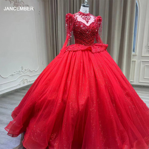 ชุดราตรีงานพรอมแบบกระโปรงบานสีแดงเข้ม แขนยาว แต่งลูกไม้ ประดับคริสตัล ลูกปัด และเลื่อม รุ่น Yl0037 - Product Image 1