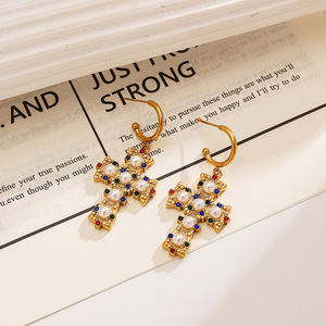 Boucles d'oreilles croisées en forme d'anneau, fausses perles, zircon, plaqué or, style vintage, pour femmes, bijoux tendance - Product Image 1