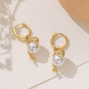 Boucles d'oreilles créoles rondes en or avec perles de dauphin, bijoux de mode pour soirée, origine Yiwu - Product Image 3
