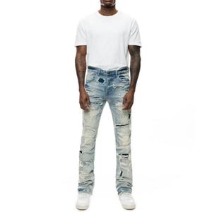 Vaqueros de moda para hombre, de mezclilla lavada, con rotos intensos, desgastados, de corte acampanado, apilados y con agujeros destruidos - Product Image 5