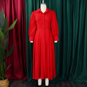 Abito Elegante da Donna Taglie Forti con Colletto a Camicia, Vita Alta, Vestibilità Aderente, Maniche Larghe e Tinta Unita, Stile Raffinato - Product Image 5
