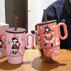 Ceramic <b>Straw</b> Mug <b>With</b> <b>Lid</b> <b>And</b> Handle Cartoon Design For Girls Gift <b>Cup</b> Orange Red Color Single <b>Cup</b> - Product Image 4