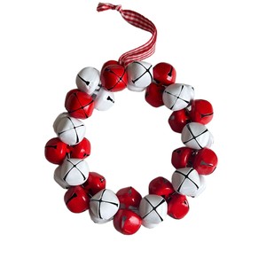 Karangan Bunga Lonceng Besi Merah Putih untuk Lemari Dapur, Ornamen Natal Kecil, Pita Kotak-kotak, Diameter 12cm, Gaya Farmhouse - Product Image 5