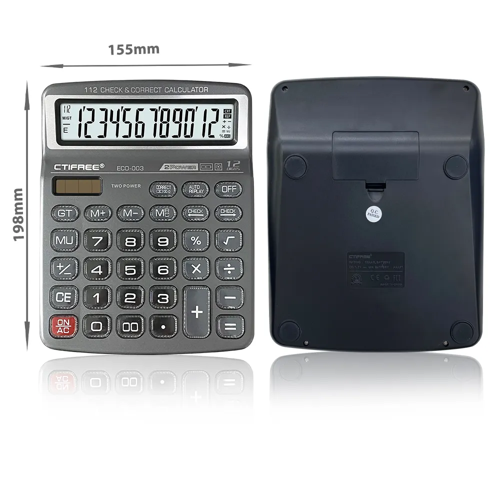 Solar Battery Dual Power Calculator 12 Digit Large LCD Display Basic Calculating Machine for Office Home Elegant Design