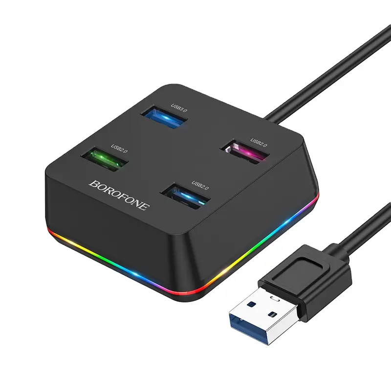 Borofone OEM DHB1 0.3M USB 4 USB bağlantı noktaları renkli yanıp sönen küçük USB 3.0 HUB adaptörü